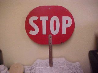 Vintage Embossed With Wood Handle Stop Sign One Side Slow On Other Side Oblong