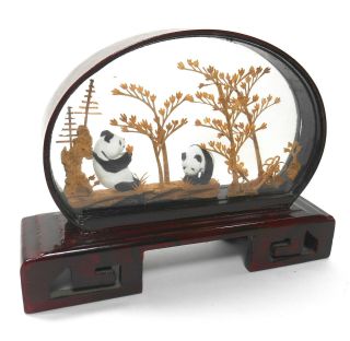 Vintage Chinese Hand Carved Cork Diorama Panda Bears & Bamboo Wood & Glass Frame