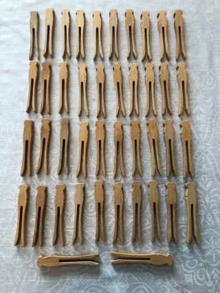 42 Vintage Wood Wooden Clothes Pins Clothespins Flat Sided W/ Flat Heads