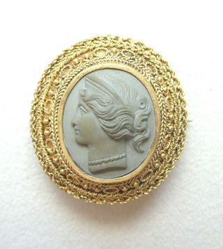 Antique 19th C.  Victorian 14k Gold Lava Cameo Pin W Etruscan Wirework Frame 4.  4g