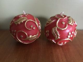 Vintage Red & Gold Holly Berry 3 1/2 " Round Ball Wax Christmas Holiday Candles