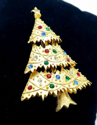 Eisenberg Ice Vintage Signed Rhinestone Gold Christmas Tree Brooch Pin