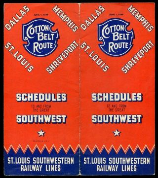 1949 St.  Louis Southwestern Railway Cotton Belt Route Train Schedule & Route Map
