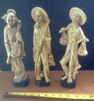 3 Vintage Resin Like Japanese Asian Figurines Statues Made In Hong Kong