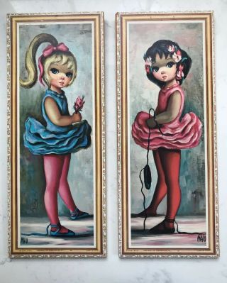 Vintage Maio Big Eyes Ballerinas Girls Prints Pair Lithographs On Board 6” X 15”