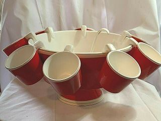Holt Howard 1958 Japan Red And White Gold Trim Punch Bowl Set - - Rare