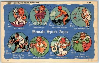 Vintage 1940s Curteich Linen Postcard " Female Sport Ages " Human Age Comics C - 117