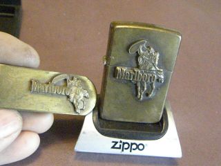 Rare 1986 Zippo Marlboro Cowboy With Lasso Brass Lighter & Money Clip Set