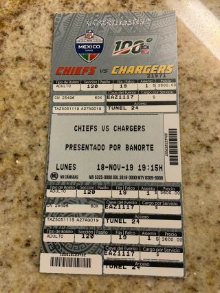 2019 Kansas City Chief Vs Chargers Mexico City Estadio Azteca Ticket Stub