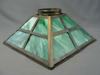 Antique Arts And Crafts Mission Green Slag Glass 4 Panel Light Lamp Shade Brass