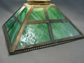 Antique Arts and Crafts Mission Green Slag Glass 4 Panel Light Lamp Shade Brass 2