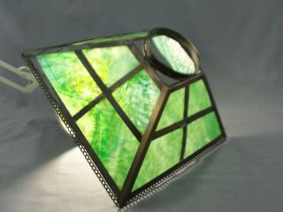 Antique Arts and Crafts Mission Green Slag Glass 4 Panel Light Lamp Shade Brass 3