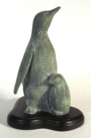 Vintage Penguin & Chick Bronze Sculpture Statue Verdigris Green Patina