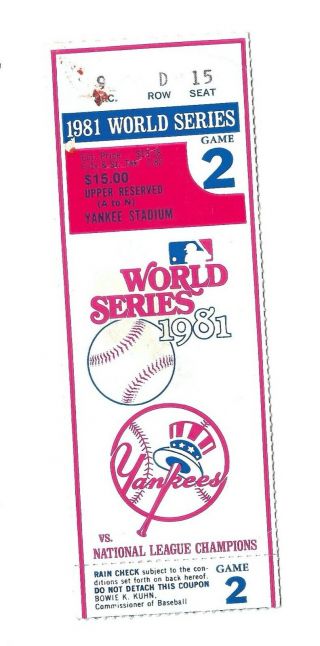 1981 World Series Dodgers V Yankees Game 2 Ticket Stub