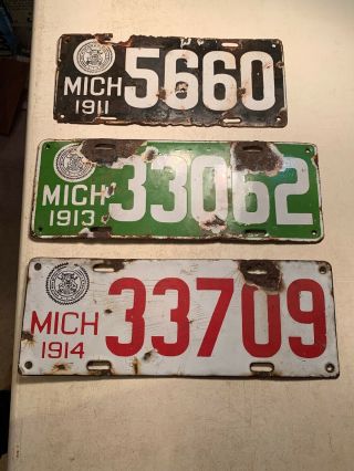 Vintage Antique Set Of License Plates 1911 1913 1914 Michigan Porcelain