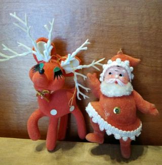 Vintage Flocked Dancing Santa & Reindeer Christmas Ornaments