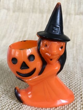 Vintage Rosbro Halloween Witch With Jack - O - Lantern Pumpkin Candy Conrainer