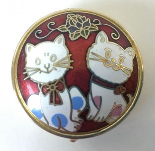 Vintage Kittens Pill Box Enamel Cloisonné On Gold Two Kitty Cats Trinket Box