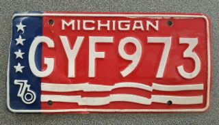 Vintage 1976 Michigan Bi - Centennial License Plate Gyf 973 Red White & Blue