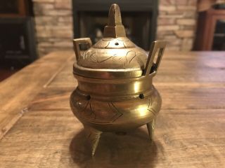 Vintage Chinese Solid Brass Footed Lidded Incense Burner Signed