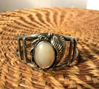 Vintage Navajo Stamped J W Sterling Mother Of Pearl Cuff Bracelet