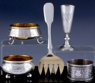 Antique Russian Silver Niello Napkin Ring Salt Cellar Bowl Fork Vodka Beaker Cup