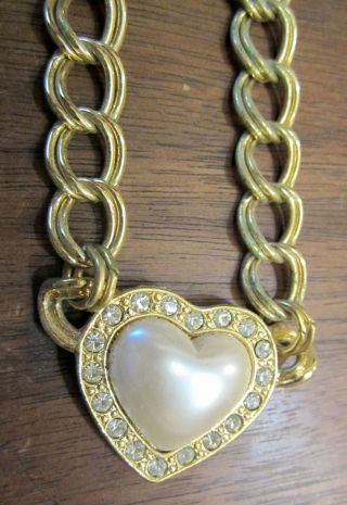Vintage 18 Inch Gold Clad Rhinestone Pearl Heart Drop Pendant Necklace Avon (66