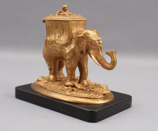 19thc Antique Dore Gilt Bronze Elephant & Monkey Match Holder,  Slate Base