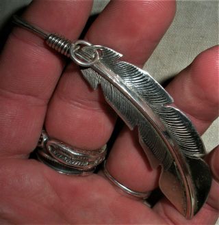 Vintage Navajo Sterling Silver Large Feather Pendant Great Stamps Signed Bl Vafo