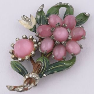 Vintage 1940’s Pot Metal Pink Art Glass Enamel Rhinestone Flower Brooch Pin