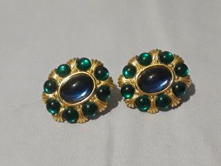 Vintage Signed Napier Gold Tone Clip On Earrings Blue Green Chunky
