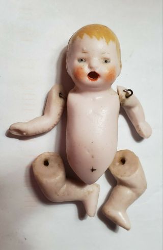 Antique German Bisque 2 - 1/2 " Jointed Doll House Baby Doll With Open Mouth