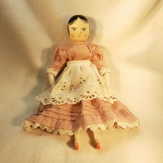 Vintage Wood Peg Doll Fred Laughon Pink Dress Lace Apron Folk Art Hand Made 1987