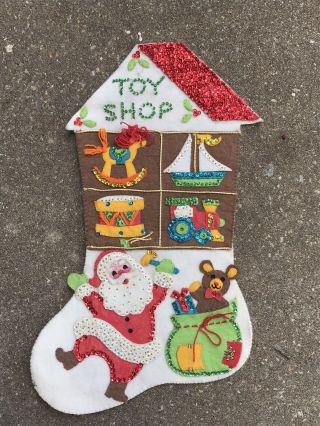 Vintage Sequin Felt Christmas Stocking Santa’s Toy Shop Bucilla Complete 16”