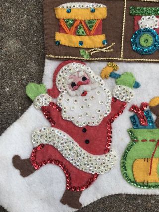 Vintage Sequin Felt Christmas Stocking Santa’s Toy Shop Bucilla Complete 16” 2