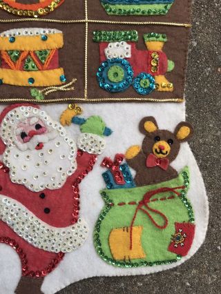 Vintage Sequin Felt Christmas Stocking Santa’s Toy Shop Bucilla Complete 16” 3