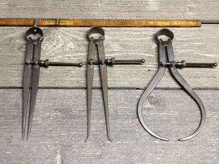 Vintage Set Of Starrett 6” Spring Dividers & Inside And Outside Spring Calipers