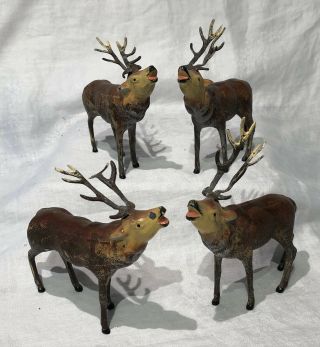 4 Vintage Putz Lead Metal Reindeer Deer Stag Figurine Germany Christmas Antique