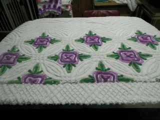 Vintage Plush Lilac Floral Chenille Bedspread Quilting Craft Fabric A 1711