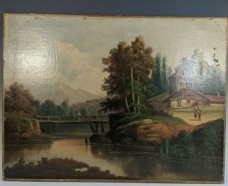 Antique Oil Painting On Canvas - River Landscape
