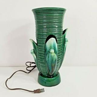 Vtg 13 " Art Deco Drip Glaze Green Ceramic Tv Lamp Ribbed Leaf Floral Botanical