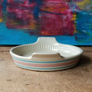 Vtg Mccoy Pink & Blue Stripes Pottery 7031 Augratin Quiche Pie Pan Round Dish