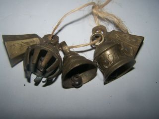 Vintage Set Of 5 Brass Temple Bells From India On Rope Etched Design Claw Bell