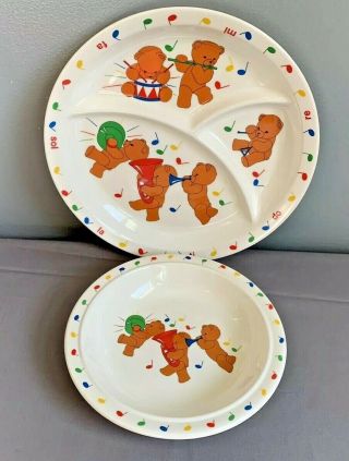 Vintage 1987 Anacapa Melamine Ware Divided Plate And Bowl Musical Teddy Bears