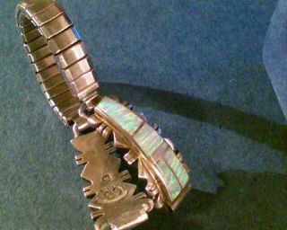 Vintage Navajo Sand Cast Sterling Silver With Opal Inlay Watch Band Signed Cb