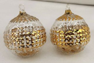 Set Of 2 Vintage Blown Glass Clear / Gold Ball Ornaments
