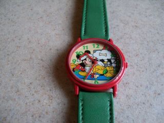 Disney Rare Vintage Mickey Mouse Pluto Christmas Red Watch Green Leather Band