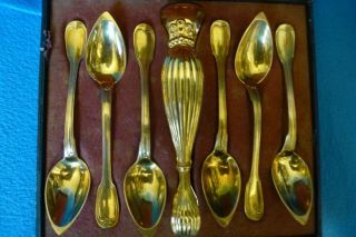 Vintage Set Of 6 Gold Plated Spoons With Sugar Tongs In Case