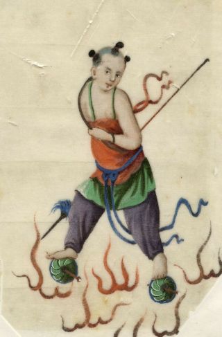 Antique 19th - Century Chinese Pith Painting,  Nezha Child Deity