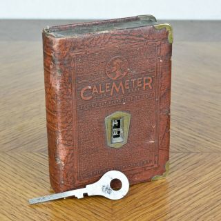 Vtg Red Calemeter Date Metal Book Coin Bank W/ Key Zell Prods Co Life Insurance